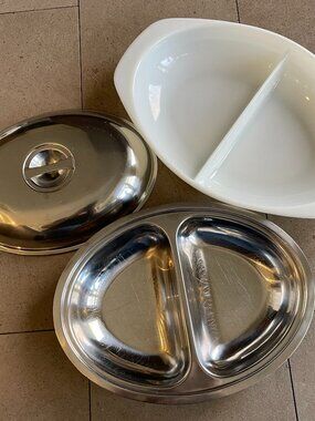 RARE 3 piece 60s Milkglass Pyrex Oval Divided dish w/ steel insert and lid